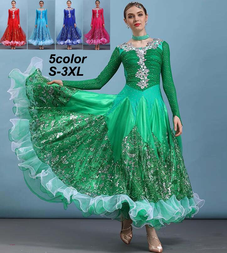 【送料無料】社交ダンスドレス スタンダードドレス 長袖 上質 ゴージャス キラキラ 高級感 大きい裾 ステージ 競技ドレス レッスン着 社交ダンス衣装 タンゴ ...