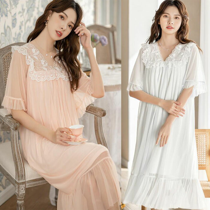 【送料無料】半袖ネグリジェ 姫系 レース ルームワンピース レディース お嬢様 パジャマ 春夏 可愛い ..