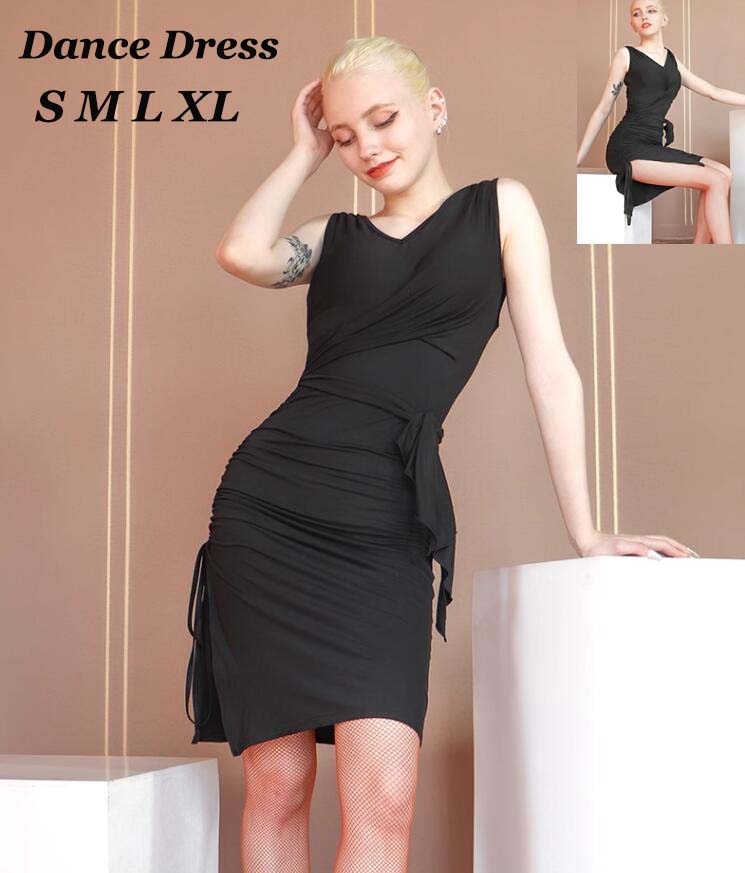 【送料無料】ラテンダンスドレス ダンスウエア 黒 袖なし スリット セクシー ラテン衣装 Vネック 社交ダンスドレス チャチャ サルサ サンバ ルンバ タンゴ ワルツ スタンダードドレス ワンピース 団体衣装 モダンドレス 競技着 練習服 舞台 演出 ステージ きれいめ 発表会