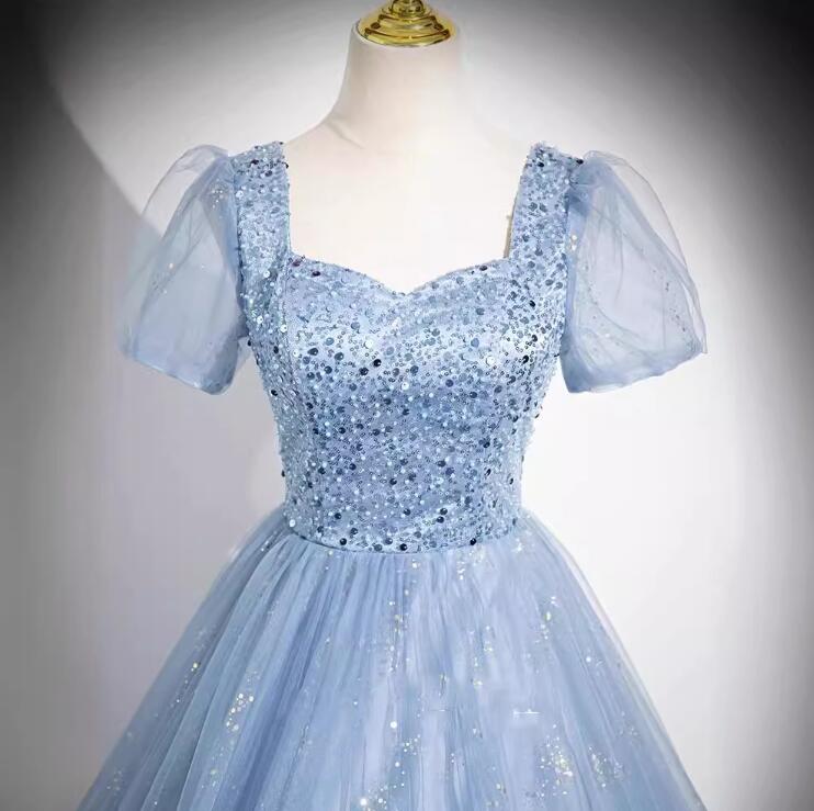 【送料無料】パーティードレス ウェディングドレス 演奏会ドレス キラキラ バルーンスリーブ お姫様ドレス 高級感 グレー*ブルー ピアノ リボン Aライン カラードレス プリンセスドレス お花嫁ドレス 前撮り 結婚式 挙式 ロングドレス 二次会 海外旅行 披露宴 ワンピース