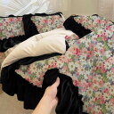 【送料無料】布団カバーセット 花柄 可愛い 黒 フリル 秋冬 ふわふわ 暖かい 3点4点セット シングル ダブル クイーン フランネル 掛け布団カバーボックスシ...