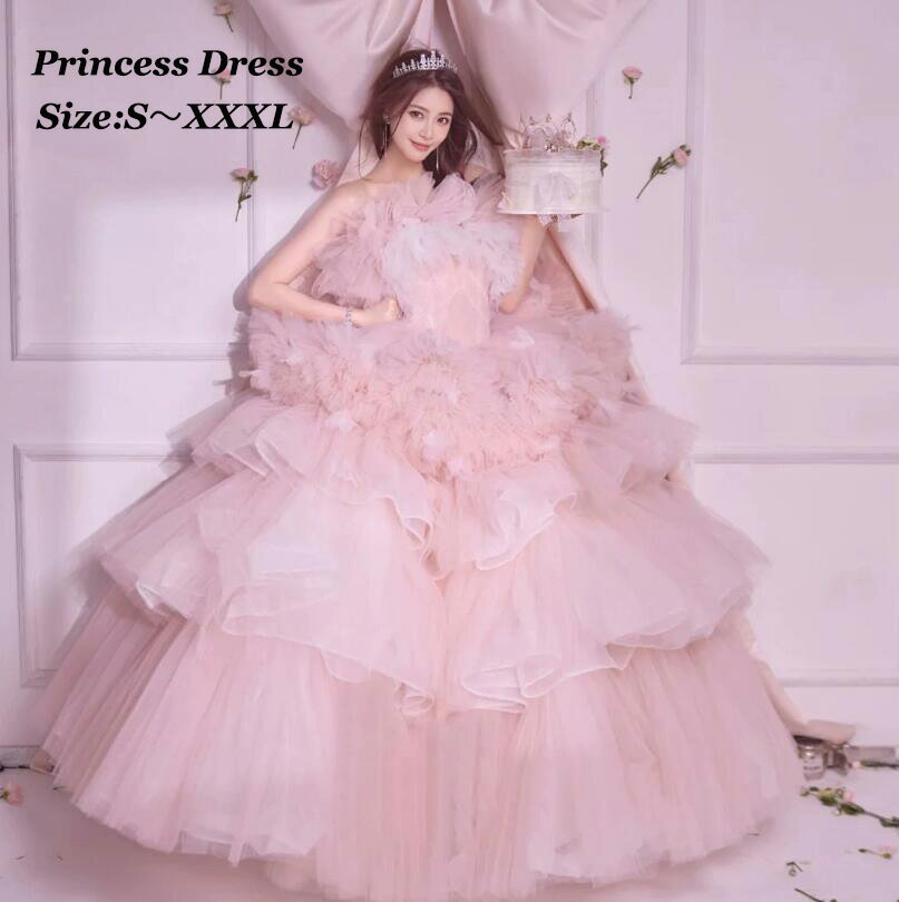 【送料無料】ウェディングドレス お姫様 ピンク 結婚式 前撮り 誕生日 演奏会ドレス カラードレス 多重チュール ティアードスカート ふわふわスカートオフショルダー 高級感 花嫁ドレス ロングドレス きれいめ パーティードレス 二次会 披露宴 ワンピース 成人式 発表会