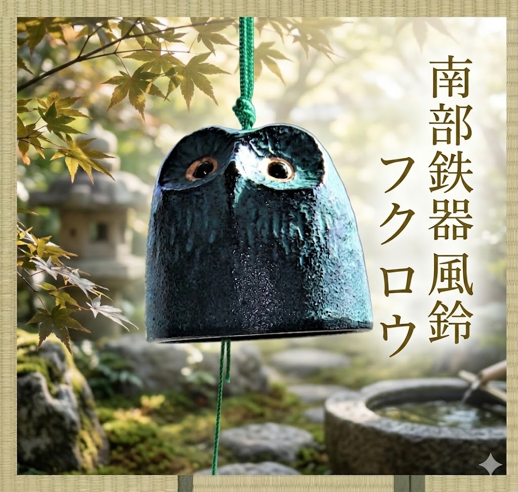 南部鉄器 鉄 風鈴 フクロウ おしゃれ オシャレ かわいい 可愛い 音色 の 良い 風鈴 いい音 音 美しい音色 癒し 伝統工芸 鉄 ギフト 贈り物 プレゼント 涼 涼しい 清涼 リラックス 癒しグッズ 癒し インテリア雑貨 インテリア 日本製 国産 南部鉄 お土産 鉄風鈴 グリーン