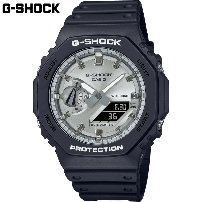 - 1AJF(ブラック×シルバー) 時計 ウォッチ 男性用 MEN 最安値に挑戦！究極の強さを求めて進化を続けるタフネスウオッチG-SHOCKが展開する「2100シリーズ」に、人気のブラックとメタリックカラーを採用したモデルです。初代モデル“DW-5000C”にも採用された“八角形フォルム”を継承したGA-2100は、タフな構造をそのままに厚さ11.8mmの薄型化を果たしたデジタル・アナログコンビネーションモデルです。高剛性を発揮するカーボン繊維入りファインレジンケースは、マット仕上げを採用しています。◆基本情報：・ケースサイズ（縦×横×厚さ）：48.5 × 45.4 × 11.8 mm・質量：51 g・ケース・ベゼル材質：カーボン／樹脂・バンド：樹脂バンド・構造：耐衝撃構造（ショックレジスト）、カーボンコアガード構造・防水性：20気圧防水・電池寿命：約3年◆外装：・無機ガラス・バンド装着可能サイズ：145〜215mm・その他：ネオブライト◆時計機能：・ワールドタイム：世界48都市（31タイムゾーン、サマータイム設定機能付き）＋UTC（協定世界時）の時刻表示・ストップウオッチ（1/100秒（1時間未満）／1秒（1時間以上）、24時間計、スプリット付き）・タイマー（セット単位：1秒、最大セット：24時間、1秒単位で計測）・時刻アラーム5本・時報・ダブルLEDライト：文字板用LEDライト（スーパーイルミネーター、残照機能、残照時間切替（1.5秒/3秒）付き）、LCD部用LEDバックライト（スーパーイルミネーター、残照機能、残照時間切替（1.5秒/3秒）付き）・ライトカラー：LED：ホワイト・フルオートカレンダー・操作音ON/OFF切替機能・精度：平均月差：±15秒◆その他機能：・12/24時間制表示切替・針退避機能（針が液晶表示と重なって見づらいときは、針を液晶表示の上から一時的に退避させることができます）【発送について】こちらの商品はメーカー取寄せ品の為、発送までにお時間を頂戴しております。メーカーの在庫状況により、まれにご用意できない場合もございます。また、メーカーより届き次第の発送のため、着日指定でのお届けはお受けできませんので予めご了承くださいませ。【プレゼントとしてお買い上げのお客様へ】こちらの商品は、メーカー製造段階にて商品タグまたは化粧箱ラベルなどに、お値段が記載されている可能性がある商品でございます。当店では、金額の塗りつぶしやタグの取り外しなどのサービスは行っておりませんので、あらかじめご了承の上お買い求めをお願い申し上げます。【返品について】品質チェックについては万全を期しておりますが、商品の不良、配送中の破損(配送箱は除く)等につきましては、未使用のまま商品到着後7日以内にご連絡ください。その際は交換品をご用意させていただきますが、在庫状況により発送までお時間をいただいてしまう場合や、生産終了・商品欠品によりお受けできない場合は、ご返金による対応となります。なお、こちらの商品はお客様都合によるキャンセル・返品・交換は受け付けておりませんので、あらかじめご了承の上お買い求めをお願い申し上げます。【モニター用電池について】お客様がお買い上げになるまでの期間に電池は消耗しますので、モニター用電池は、取扱い説明書に記載されている寿命より短いことがあります。又、電池交換は、保証期間内でも有料となります。※モニター用電池とは、お買い上げの時計に組み込まれている電池で、工場出荷時点に、時計の機能や、 性能をチェックするために組み込まれたものです。※こちらの商品は、返品・交換不可となります。※当店では、システムで在庫調整を行っております。在庫更新のタイミングにより、在庫切れの為、稀にご用意できない場合がございます。