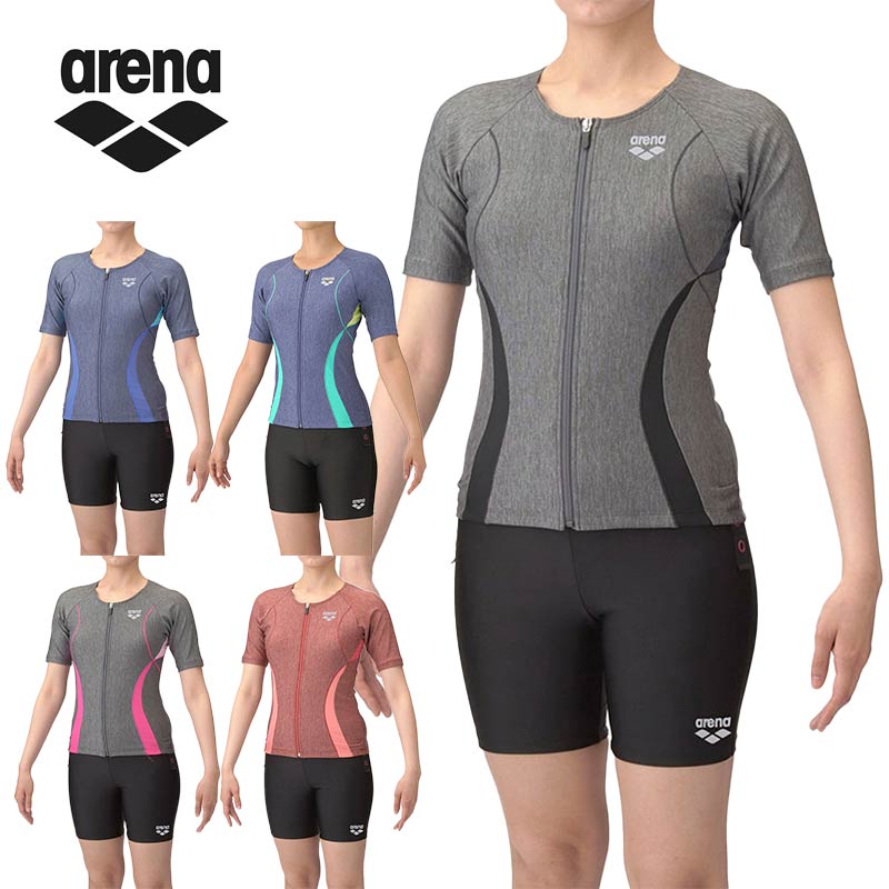 アリーナ レディース フィットネスセパレーツ 水泳 ウェア 競技 水着 カバーバック ミドルレッグ 差し込みパッド 運動 スポーツ グレー オレンジ 灰色 送料...