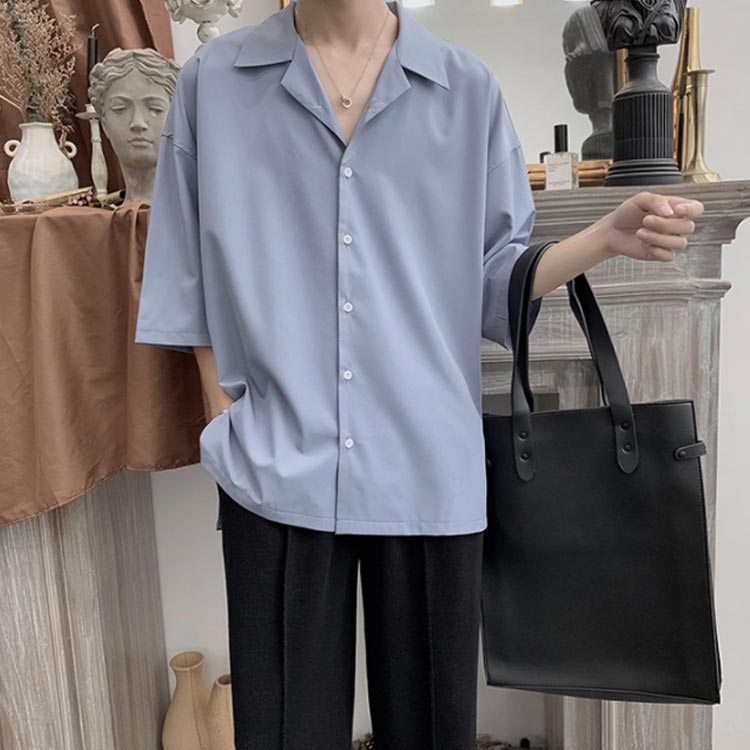 シャツ メンズ カジュアルシャツ 七分袖シャツ 無地シャツ ゆるシャツ ボタンシャツ オーバーサイズ 大きめ 開襟