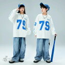 ヒッ カーゴパンツ デニム ブルー 長袖トップス 白 hiphop 韓国 チアガール チア 男の子 女の子 セットアップ k-popダンス衣装