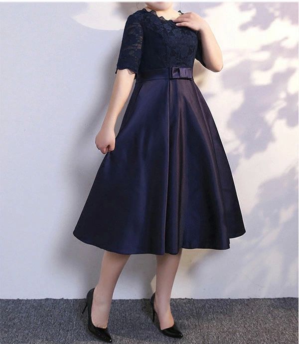 お呼ばれ ミセス向けドレス レース ひざ下 ミモレ丈 袖あり 発表会 ピアノ 大人 結婚式 ネイビー パーティードレス 大きいサイズ