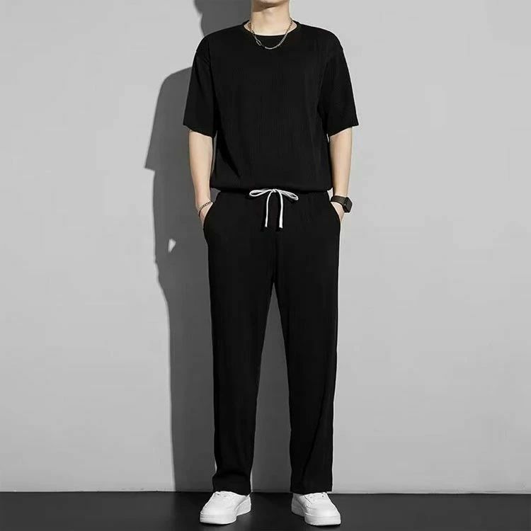 カジュアル ロング上下セット ルームウェア アイスシルク 涼しい メンズ Tシャツ ロングパンツ