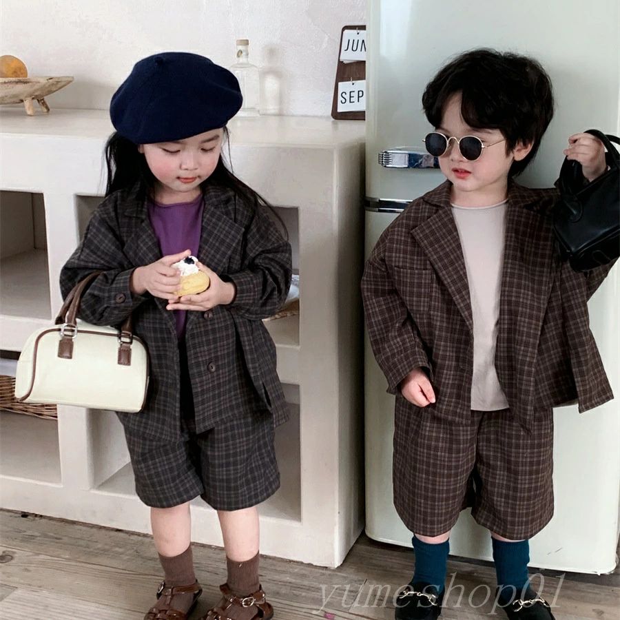 【送料無料】春の新作子供用チャコール柄スリーピースジャージー男女赤ちん森系ショーツ2点セット