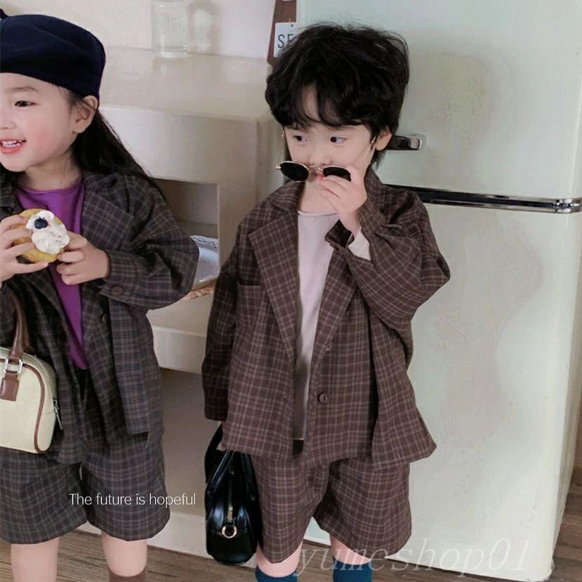 【送料無料】春の新作子供用チャコール柄スリーピースジャージー男女赤ちん森系ショーツ2点セット