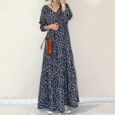 フレア 可愛い レディース おしゃれ ドレス ワンピ マキシ丈 ロング丈 体型カバー 綿 コットン 涼しい 薄手 五分袖 ボタニカル