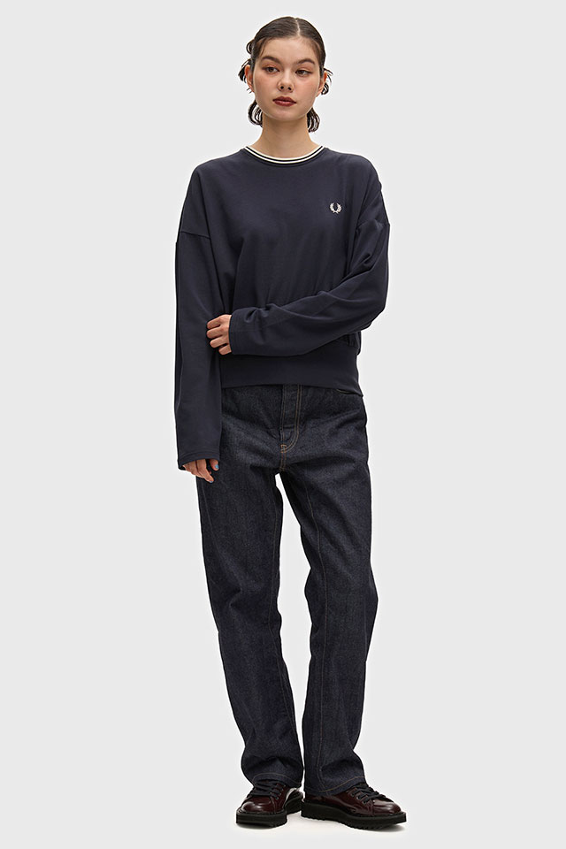 FRED PERRY フレッドペリー レディース ツインティップ 長袖Tシャツ [G3133-608 FW26] TWIN TIPPED L/S T-SHIRT ウィメンズ コットン クルーネック ロンT おしゃれ カジュアル 紺 NAVY 正規取扱店