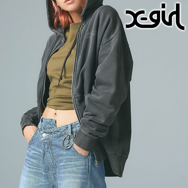 エックスガール X-girl レディース ジップアップスウェットフーディー [105261012014 SS26] PIGMENT DYED FACE AND LOGO SQUARE PATCH ZIP UP SWEAT HOODIE 長袖 ジップパーカー BLACK 正規取扱店