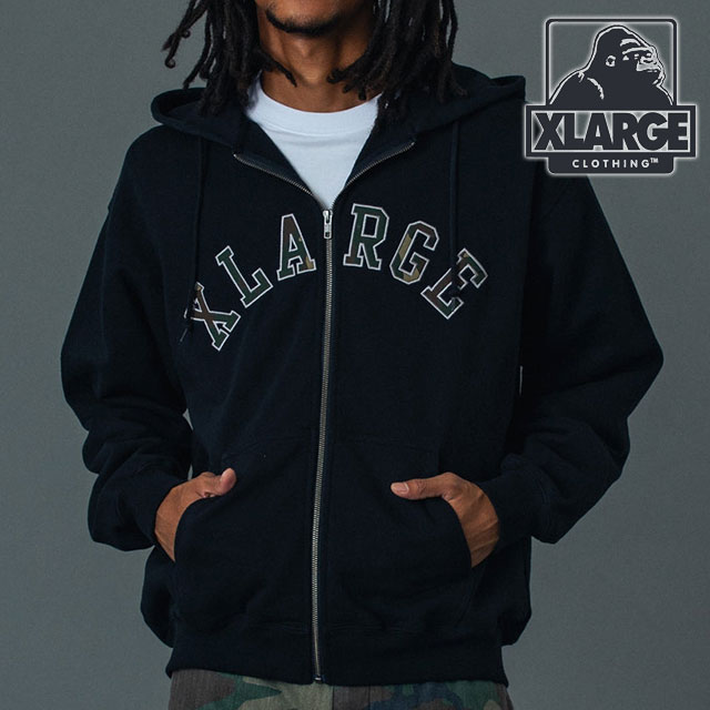 樂天商城 - 【最大100%ポイントバック】XLARGE エクストララージ メンズ カモパッチ ジップアップフーデッド スウェットシャツ [101261012012 SS26] CAMO PATCH ZIP UP HOODED SWEATSHIRT トップス 長袖 ジップパーカー 黒 BLACK 正規取扱店