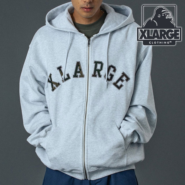 樂天商城 - 【最大100%ポイントバック】XLARGE エクストララージ メンズ カモパッチ ジップアップフーデッド スウェットシャツ [101261012012 SS26] CAMO PATCH ZIP UP HOODED SWEATSHIRT トップス 長袖 ジップパーカー グレー ASH 正規取扱店