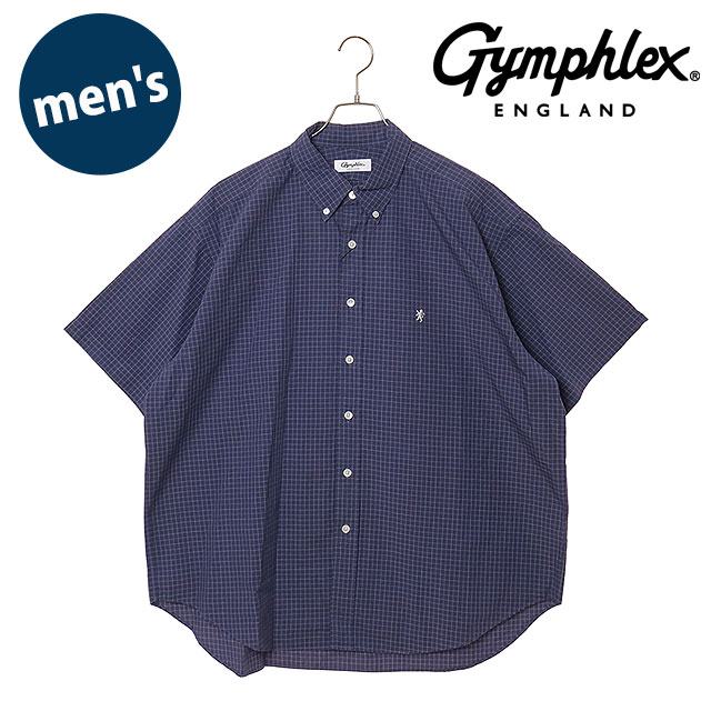 Gymphlex ジムフレックス メンズ ボタンダウンショツ ショートスリーブ  B.D. SHIRT S/S トップス 半袖 ワンポイント チェックシャツ ネイビー NAVY/WHITE-CHECK(OFF-WHITE) 正規取扱店