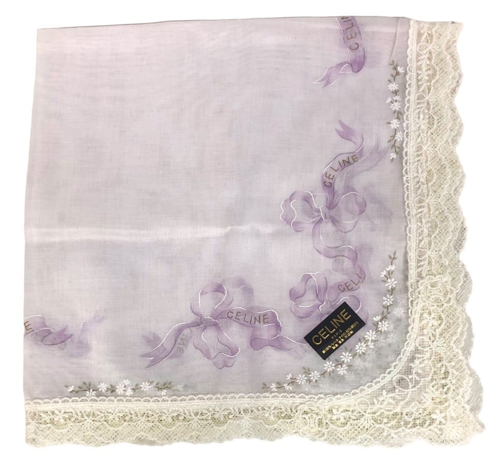 未使用 セリーヌ ハンカチ　リボン パープル 紫色 レース CELINE　綿 ナイロン コットン　レディース　【中古】