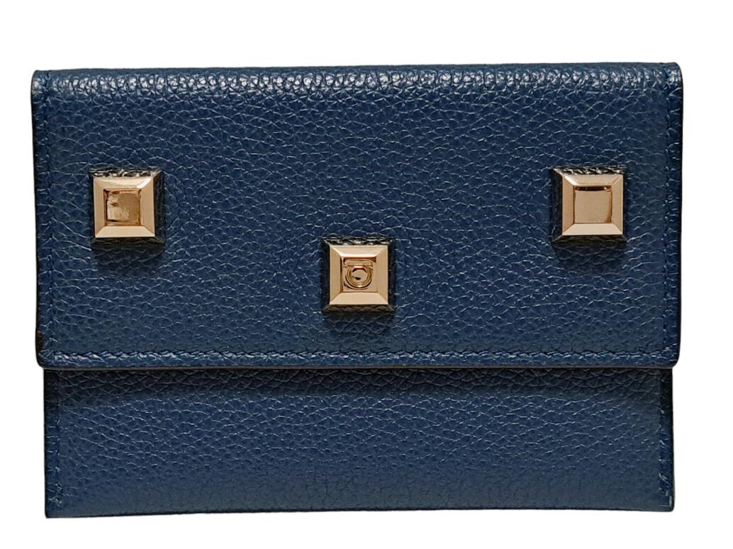 新品同様 フェラガモ カードケース 薄型 ガンチーニ レザー スタッズ メンズ レディース Salvatore Ferragamo 二つ折り 【中古】