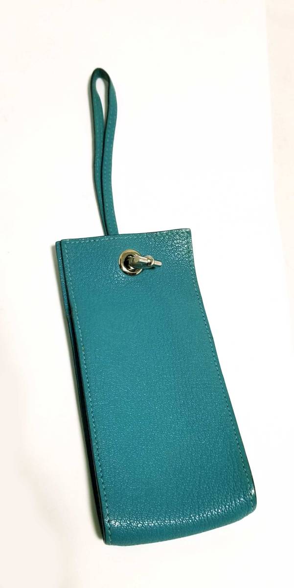 エルメス ポーチ レザー 小物入れ ブルー ケース シェーブル HERMES ストラップ付 【中古】