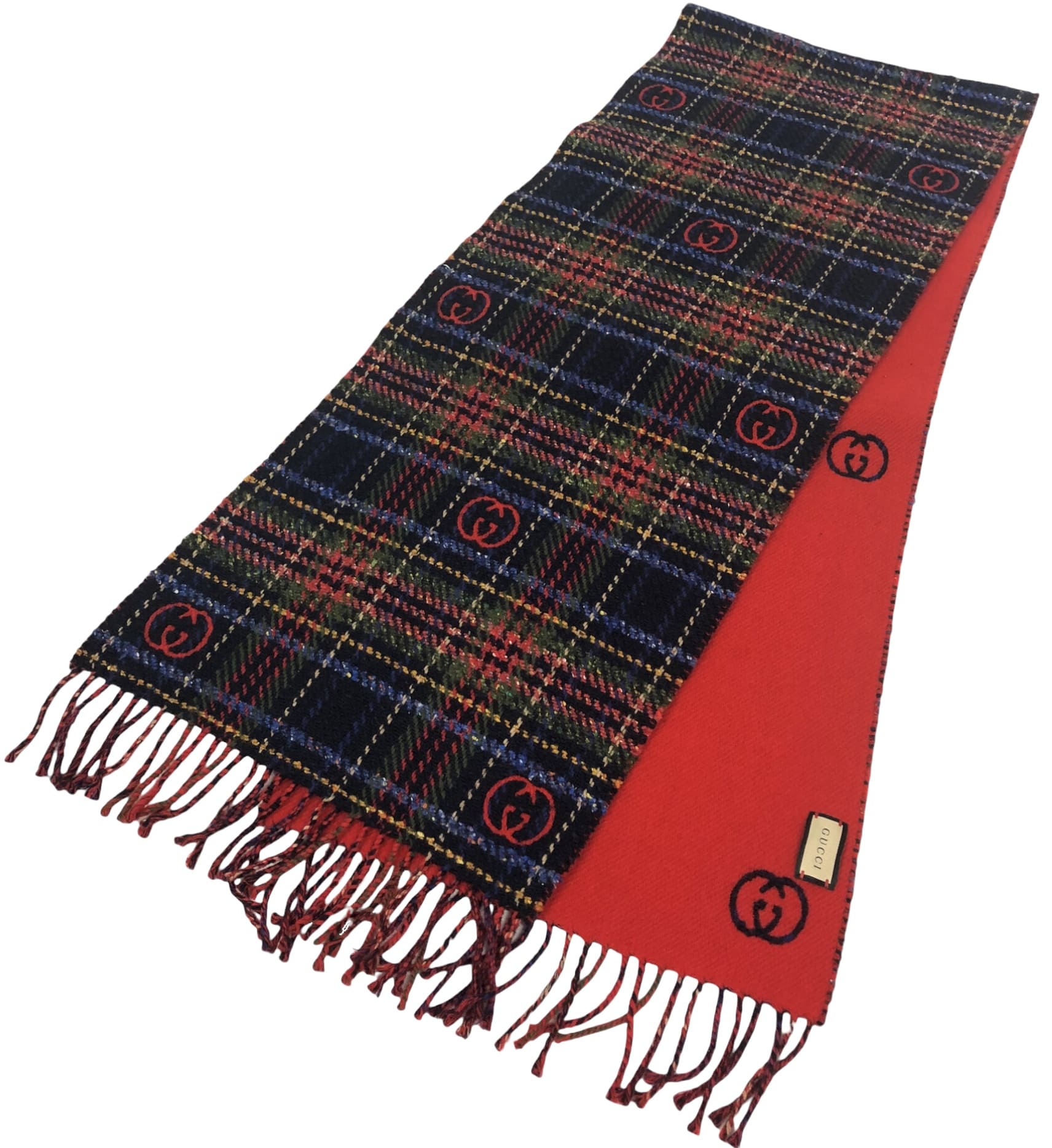 GUCCI チェック柄マフラー 赤黒 約35x180