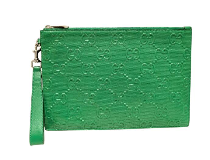 グッチ GGエンボス クラッチバッグ グリーン 型押し レザー 625569 緑 ハンドストラップ付き メンズ リストレット セカンドバッグ ポーチ GG EMBOSS GUCCI 【中古】
