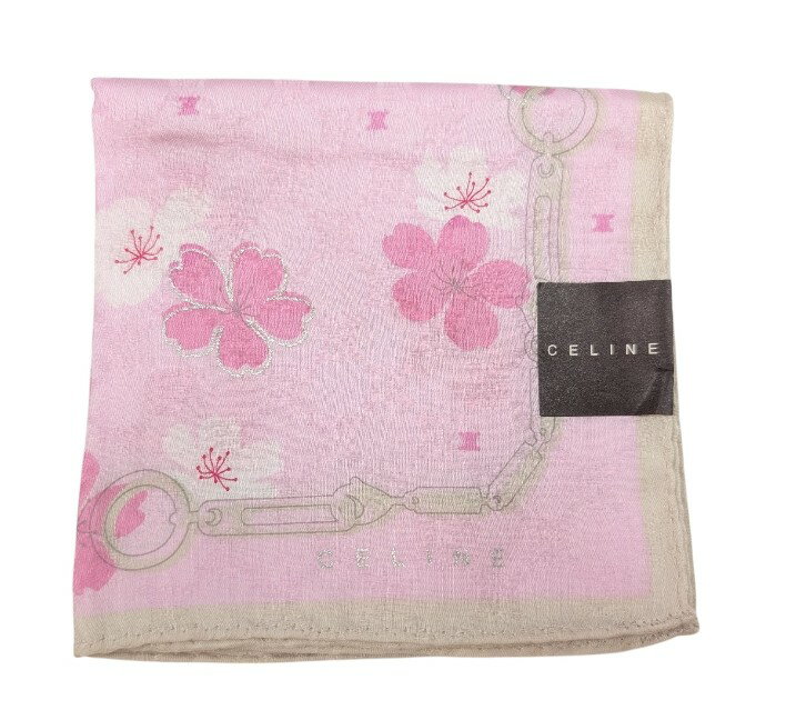 未使用 セリーヌ ハンカチ ピンク さくら 桜 マカダム レディース CELINE スカーフ ランチマット 綿 100％ コットン 【中古】