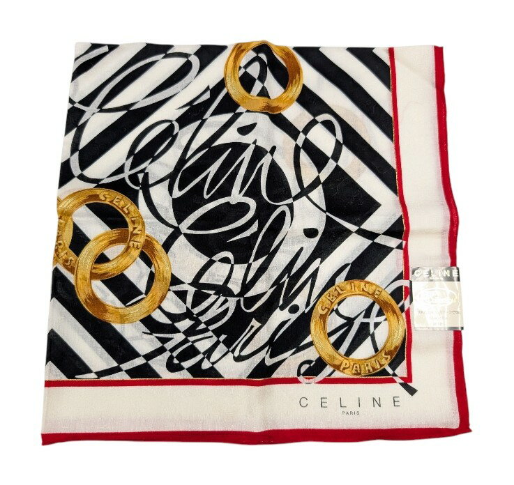 未使用 セリーヌ 大判 ハンカチ マカダム ロゴ レディース CELINE スカーフ ランチマット 綿 100％ コットン 【中古】