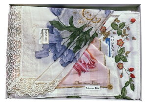 未使用 クリスチャンディオール ウエッジウッド ウェッジウッド ニナリッチ ハンカチ 3枚セット レース 花柄 お膝掛け スカーフ ホワイト Dior WEDG WOOD コットン 綿 100%  レディース 【中古】