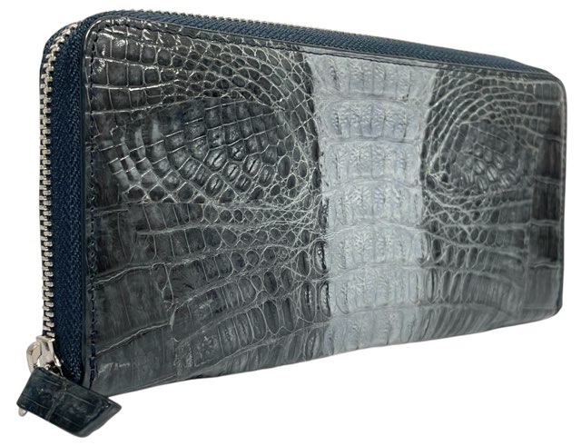 ノーブランド ワニ革 本革 レザー 鰐革 ラウンドファスナー 長財布 グレー ジップアラウンド ジッピー メンズ　サイフ　【中古】(4)
