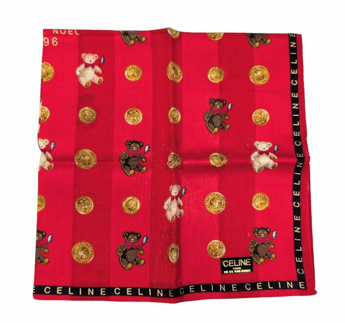未使用 セリーヌ ハンカチ くま クマ テディベア レッド 赤 スカーフ　CELINE 綿　100％ コットン レディース 【中古】