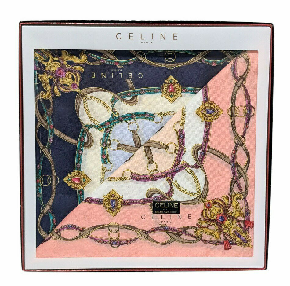 未使用 セリーヌ ハンカチ　箱入り 2枚セット スカーフ　ランチマット 勲章柄 アクセサリー柄 リボン CELINE　ネイビー　ピンク　紺　コットン　100％　綿　レディース　セット　【中古】