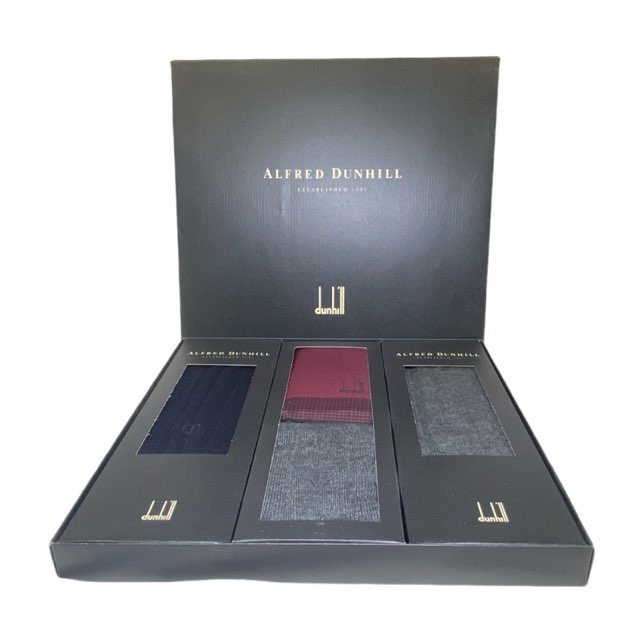 未使用 dunhill ダンヒル 靴下 3足セット ハンカチ 未使用品 25.0cm 毛 100％ メンズ ソックス 服飾小物 紳士用 ビジネスソックス ワンポイント刺繍 ブラック グレー 紺 ソックスハンカチセット　ソックスハンカチギフト　ギフト　【中古】
