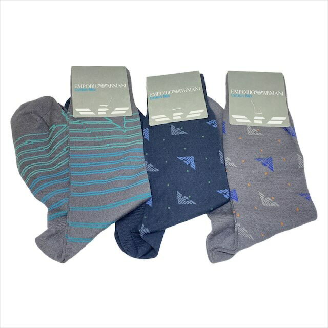 樂天商城 - 未使用 エンポリオ アルマーニ 紳士 靴下 ソックス 25-27cm　3足セット EMPORIO ARMANI 綿 ナイロン オシャレ グレー ブラック 黒 メンズ ビジネスソックス 【中古】
