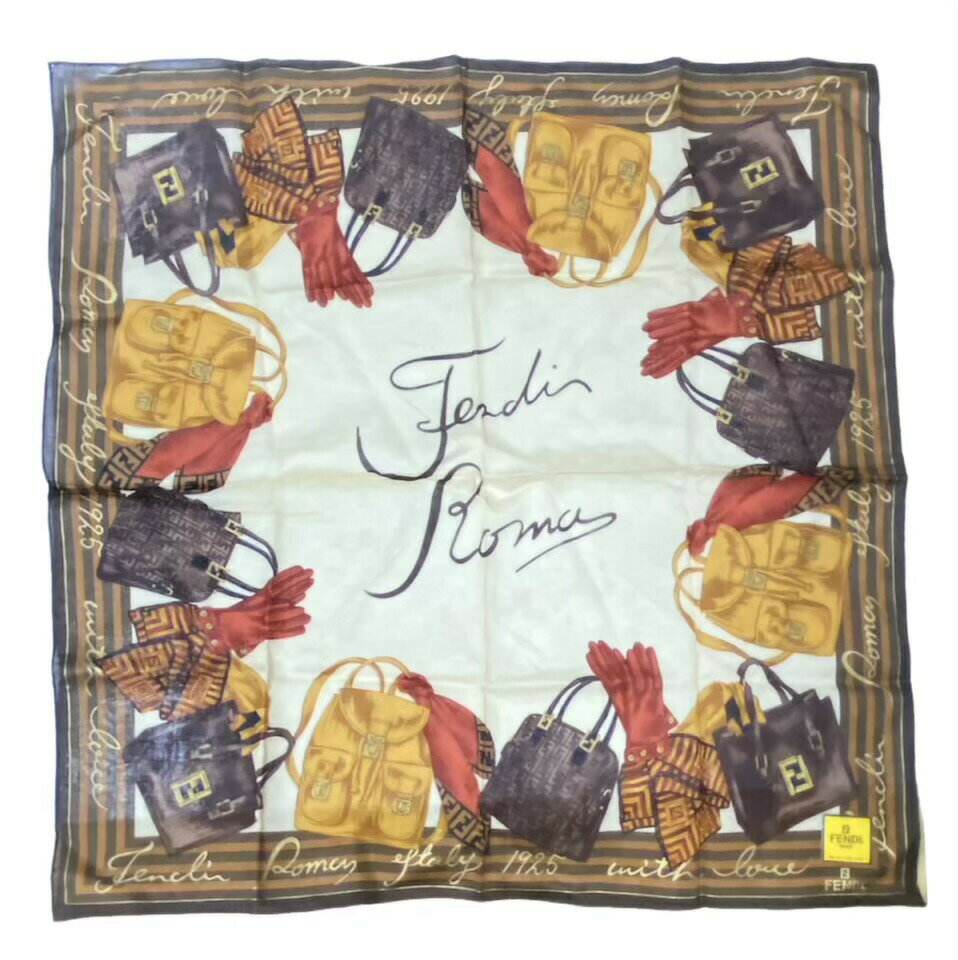 樂天商城 - 未使用 フェンディ ハンカチ スカーフ ロゴ バッグ柄　ズッカ　ブラウン　茶色　綿　100％　コットン レディース　FENDI　【中古】