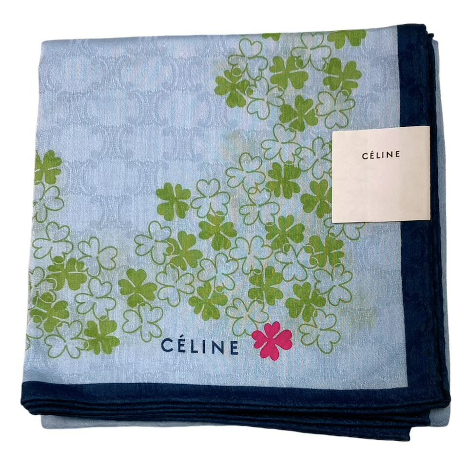 未使用 セリーヌ ハンカチ クローバー ブルー 四葉 四つ葉 スカーフ　CELINE 綿　100％ コットン レディース 【中古】
