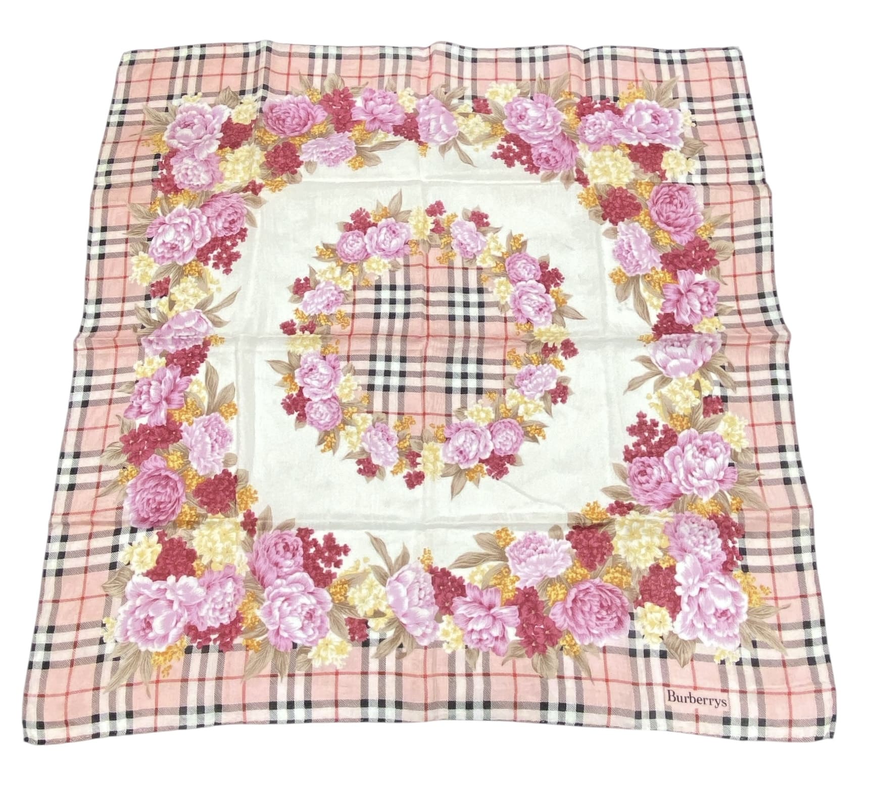 Rakuten - バーバリー ハンカチ ピンク チェック 花柄 大判　スカーフ　BURBERRY scarf 綿 コットン　レディース 【中古】