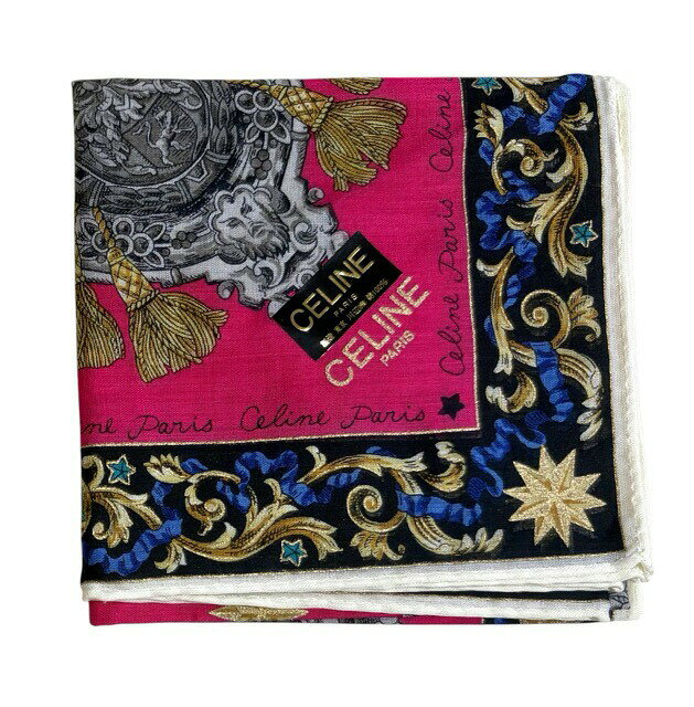 未使用 セリーヌ ハンカチ　46cm　scarf　スカーフ ゴールド　ネイビー　ピンク　CELINE　コットン　100％　綿　レディース　【中古】