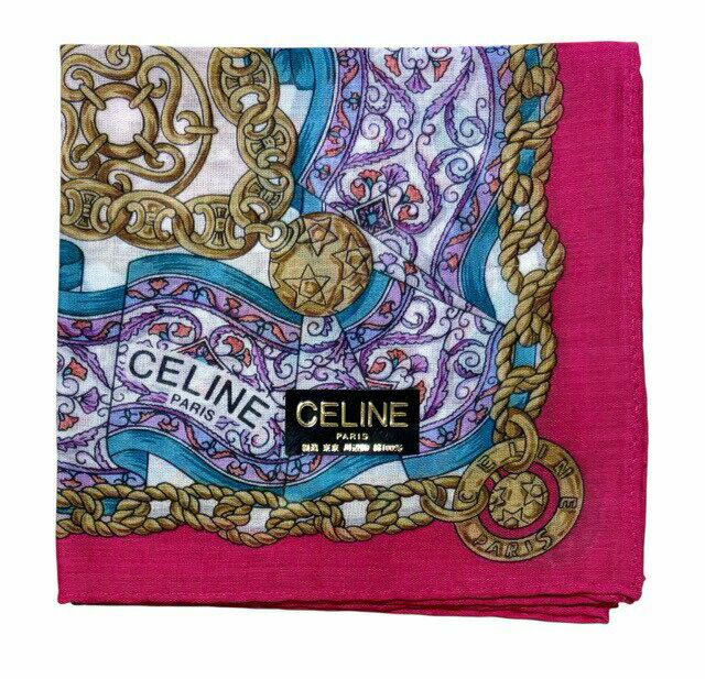 未使用 セリーヌ ハンカチ　47cm　scarf　スカーフ ピンク　CELINE　コットン　100％　綿　レディース 中…