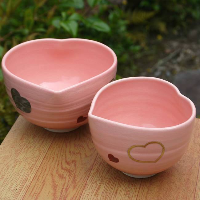 茶碗 京焼 清水焼 ハートペア茶碗 ピンク　良二