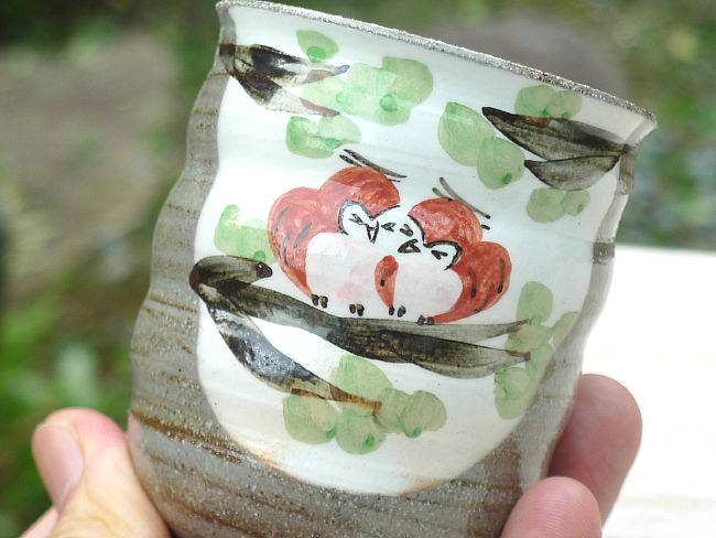 京焼 清水焼 粉引ふくろう湯呑 嘉峰 赤の紹介画像3