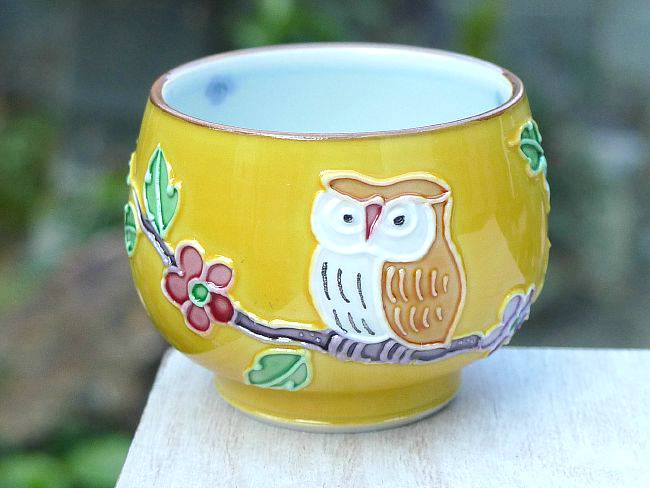 京焼 清水焼 黄交趾ふくろうぐい呑 昇峰