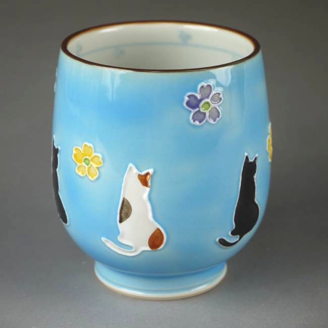 京焼 清水焼 交趾花ねこ湯呑　昇峰　大