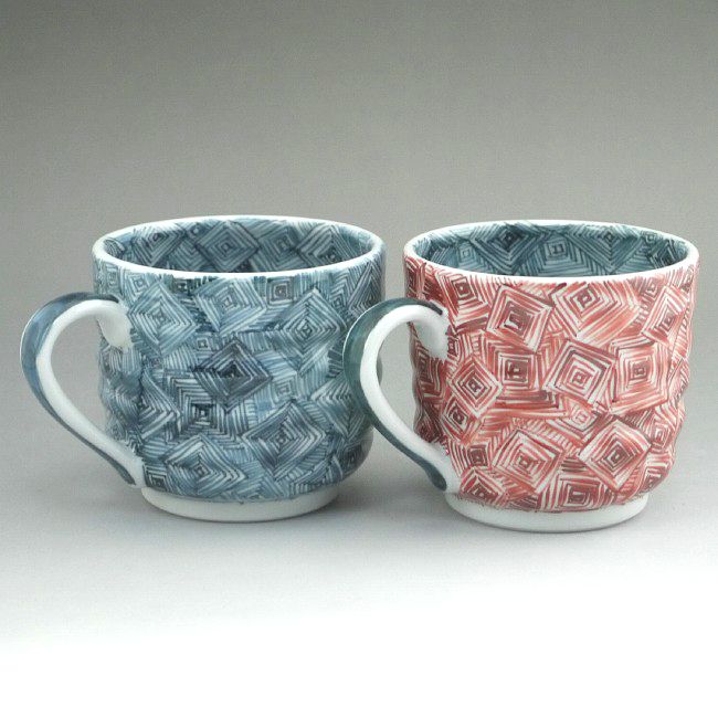京焼 清水焼 染赤雷文ペアマグカップ 六斎