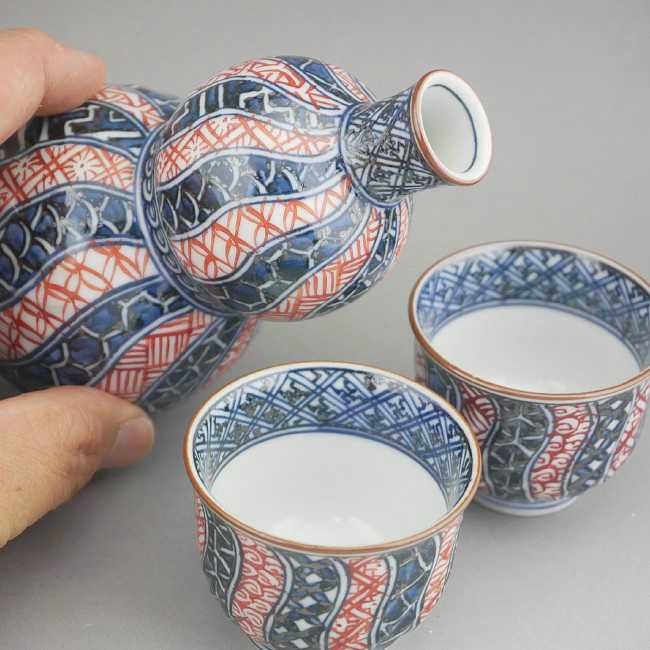 京焼 清水焼 染赤捻祥瑞酒器揃え　鳳山
