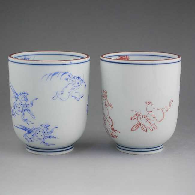 京焼 清水焼 染赤鳥獣戯画　夫婦湯のみ　陶玉のサムネイル
