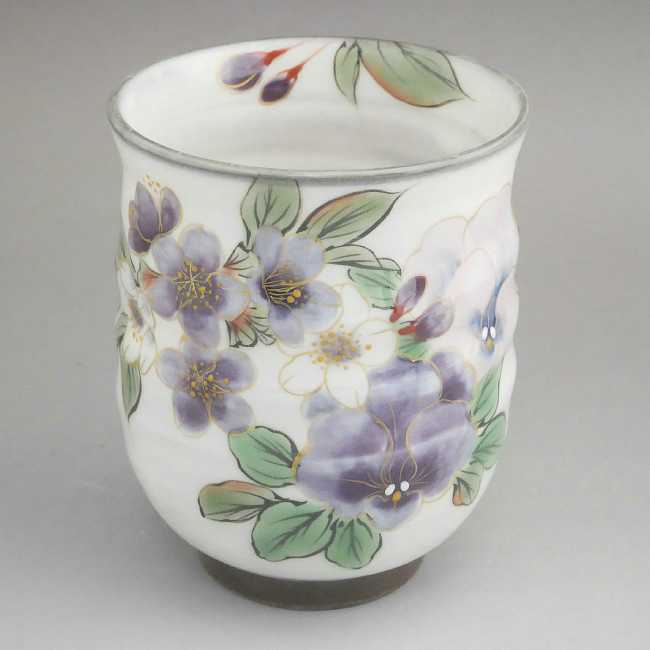 京焼 清水焼　白掛紫草花湯呑 陶あん　小