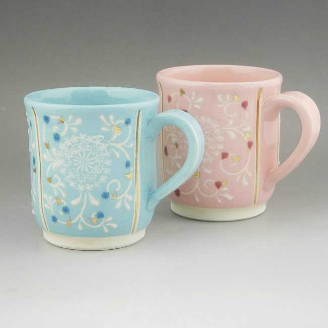 京焼 清水焼 淡彩三島ペアマグカップ　喜信　青ピンク