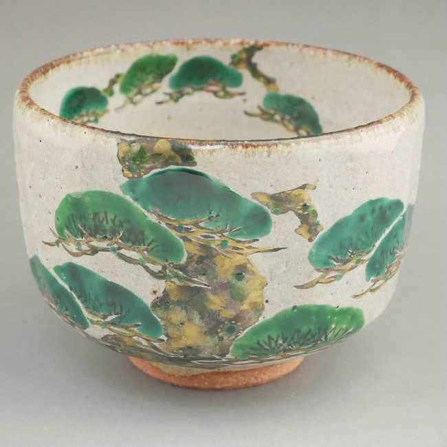 京焼 清水焼 灰釉老松絵抹茶茶碗　良二