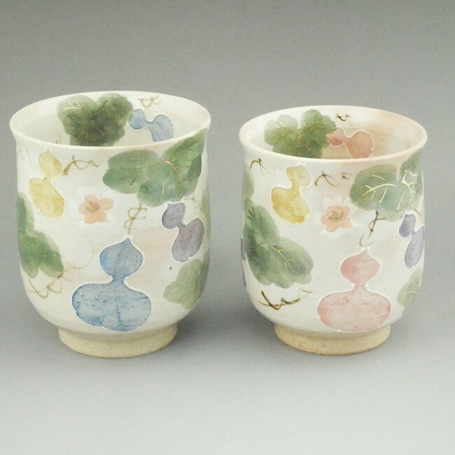 京焼 清水焼　花六瓢夫婦湯呑　北哉